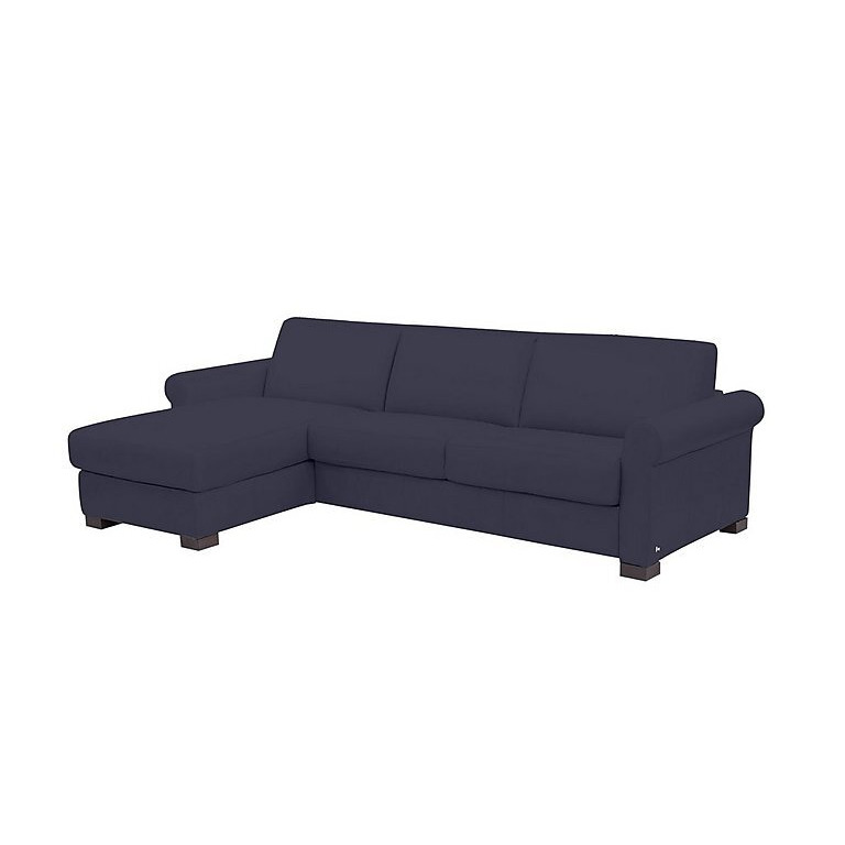 Nicoletti - Alcova 3 Seater Leather Sofa Bed and Storage Left Hand Facing Chaise with Scroll Arms - Dali Blu