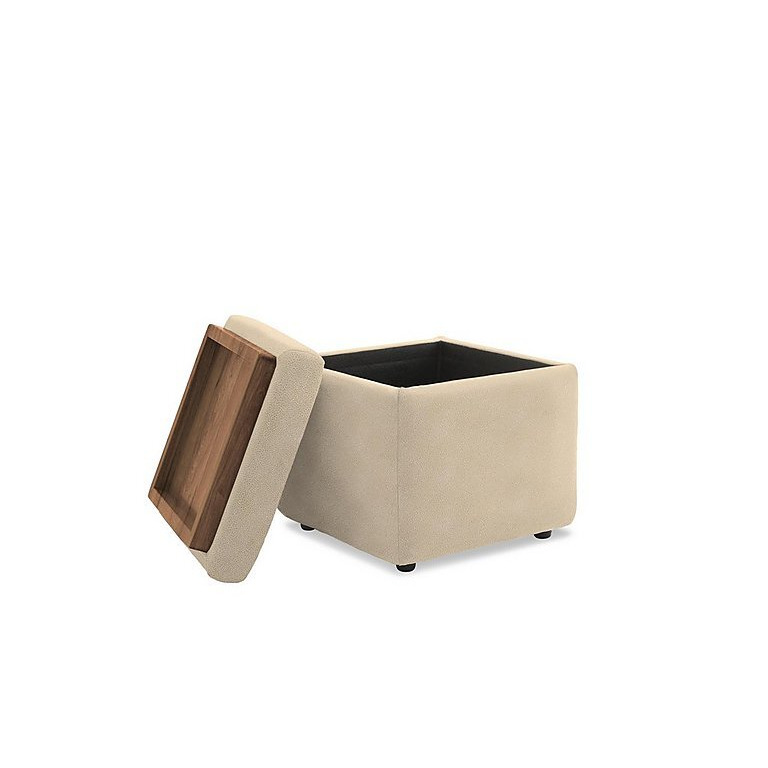 G Plan - Arlo Fabric Storage Cube Tray Stool with Walnut - Stingray Linen