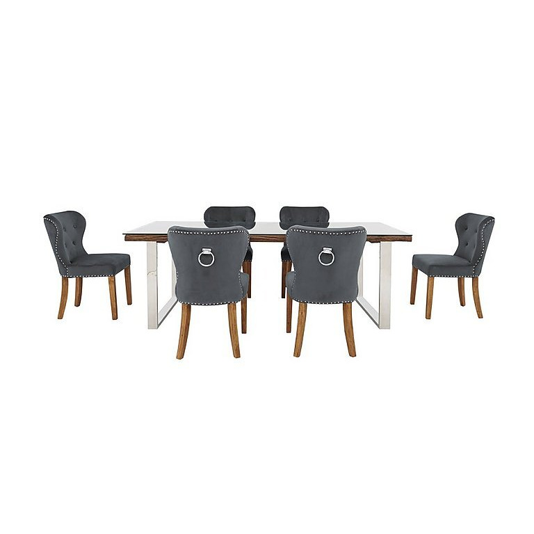 Chennai Dining Table with U-Shaped Legs and 6 Upholstered Chairs - 180-cm - Grey