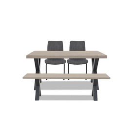 Bodahl - Compact Terra Straight Edge Dining Table with X-Shaped Legs and 160cm Bench and 2 Grey Chairs - White Wash
