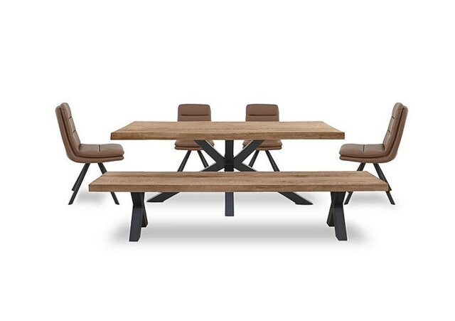 Bodahl - Njord Raw Edge Dining Table with Metal Star Base, Bench and 4 Tan Faux Leather Swivel Chairs - 220-cm