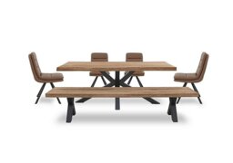 Bodahl - Njord Raw Edge Dining Table with Metal Star Base, Bench and 4 Tan Faux Leather Swivel Chairs - 220-cm