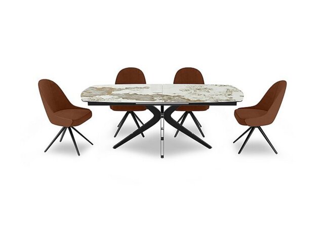 Jose Large Calcatta Marble Pop-up Extending Dining Table with 4 Swivel Chairs