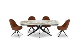 Jose Large Calcatta Marble Pop-up Extending Dining Table with 4 Swivel Chairs