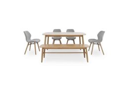 Stockholm Fixed Dining Table with 4 Upholstered Chairs and a Bench - Light Oak