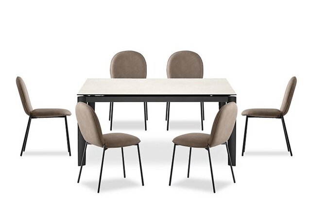 Connubia - Rosa 160cm Medium Extending Dining Table with Salt White Ceramic Top and Black Metal Legs and 6 Riley Chairs - Desert