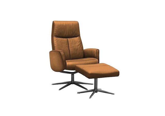 G Plan - Vaasa Leather Swivel Recliner Chair and Footstool with Black Base - Cambridge Tan