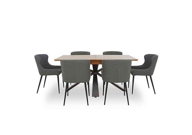Hanoi Extending Table with Metal Base and 6 Faux Leather Dining Chairs - Slate Grey