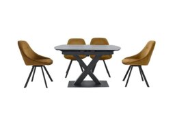 Arctic Extending Dining Table with Graphite Top and 4 Swivel Chairs - Mustard Velvet - In Time for Christmas