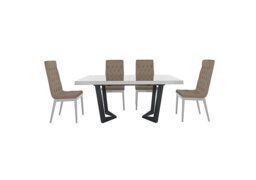 Palazzo 160cm Extending Dining Table in Glossy White with 4 Capitonne Buttoned Chairs - Aquos Taupe