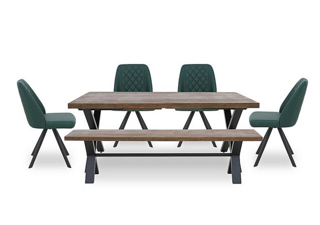 Jupiter Large Dining Table with X Shaped Legs, Bench and 4 Swivel Chairs - Green