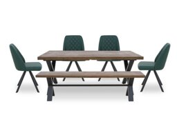 Jupiter Large Dining Table with X Shaped Legs, Bench and 4 Swivel Chairs - Green