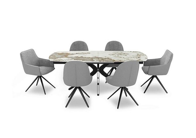 Jose Large Calcatta Marble Pop-up Extending Dining Table with 4 Pebble Swivel Chairs and 2 Pebble Swivel Dining Arm Chairs