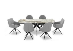 Jose Large Calcatta Marble Pop-up Extending Dining Table with 4 Pebble Swivel Chairs and 2 Pebble Swivel Dining Arm Chairs