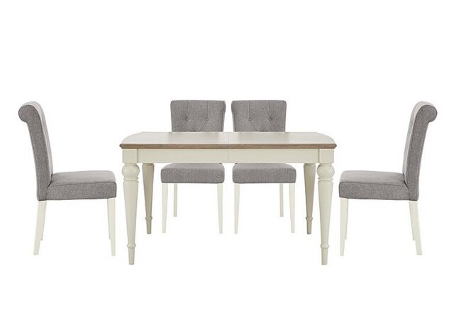 Furnitureland - Annecy Extending Dining Table and 4 Upholstered Fabric Roll Back Chairs - Soft Grey - In Time for Christmas