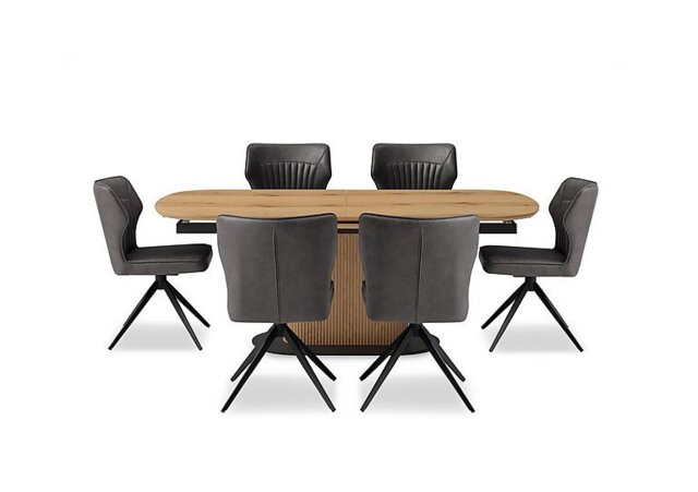 Jayden Pop Up Extending Dining Table and 6 Faux Leather Swivel Chairs - 180-cm - Dark Grey