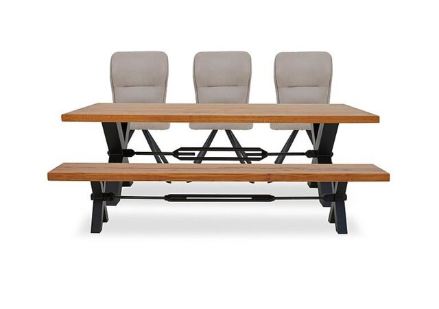 Bodahl - Terra Straight Edge Dining Table with Tension Bolt X-Leg, Bench and 3 Taupe Fabric Swivel Chairs - 240-cm