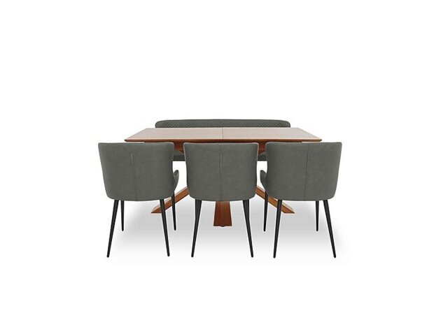 Hanoi Extending Dining Table with Wooden Base and 3 Faux Leather Chairs and a Bench - Slate Grey