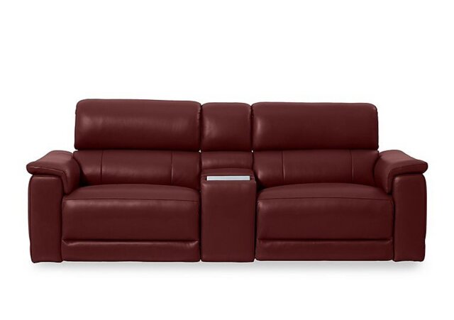 Genius Leather 3 Seater Power Recliner Media Sofa with Power Headrests, Power Lumbar and Heated Seats - Montana Ruby