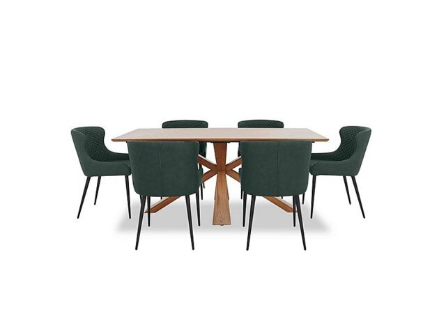 Hanoi Fixed Table with Wooden Base and 6 Faux Leather Dining Chairs - Bottle Green