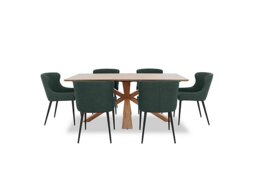 Hanoi Fixed Table with Wooden Base and 6 Faux Leather Dining Chairs - Bottle Green