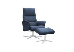 G Plan - Falum Fabric Swivel Recliner Chair and Footstool with Chrome Base - Stingray Indigo