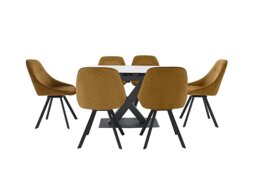 Arctic Extending Dining Table with White Top and 6 Swivel Chairs - Mustard Velvet