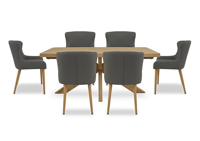 Riga Dining Table with Wooden Star Base and 6 Upholstered Chairs - 180-cm - Grey