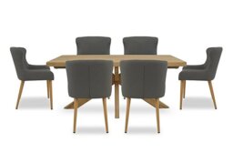 Riga Dining Table with Wooden Star Base and 6 Upholstered Chairs - 180-cm - Grey