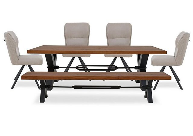 Bodahl - Terra Straight Edge Dining Table with Tension Bolt X-Leg, Bench and 4 Taupe Fabric Swivel Chairs - 240-cm - Old Bassano