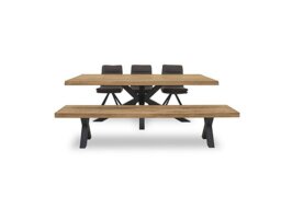 Bodahl - Njord Raw Edge Dining Table with Metal Star Base, Bench and 3 Anthracite Fabric Swivel Chairs - 240-cm