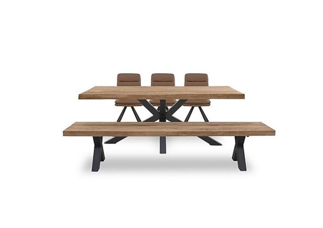 Bodahl - Njord Raw Edge Dining Table with Metal Star Base, Bench and 3 Tan Faux Leather Swivel Chairs - 220-cm