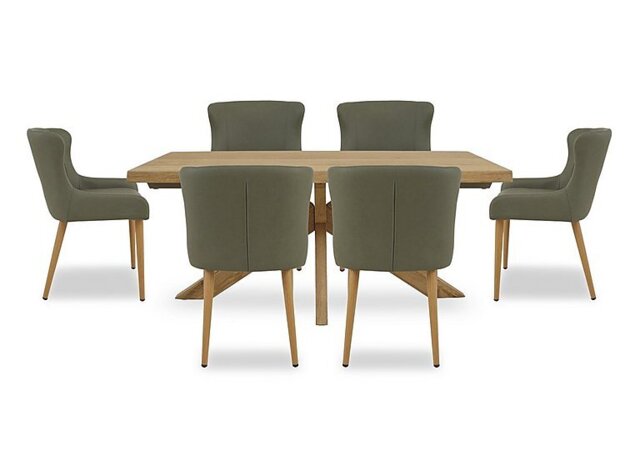 Riga Dining Table with Wooden Star Base and 6 Upholstered Chairs - 180-cm - Green