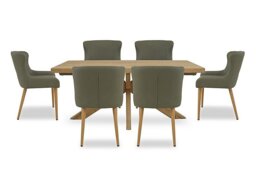 Riga Dining Table with Wooden Star Base and 6 Upholstered Chairs - 180-cm - Green