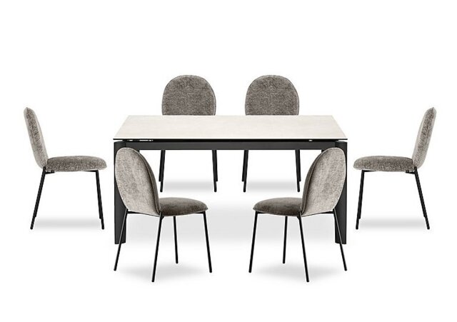 Connubia - Rosa 160cm Medium Extending Dining Table with Salt White Ceramic Top and Black Metal Legs and 6 Riley Chairs