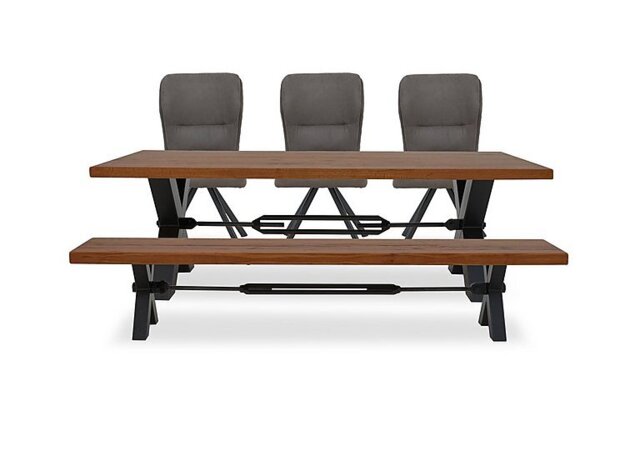 Bodahl - Terra Straight Edge Dining Table with Tension Bolt X-Leg, Bench and 3 Steel Fabric Swivel Chairs - 220-cm - Old Bassano