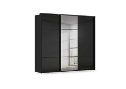 Rauch - Haven 250cm 3 Door Slider Wardrobe with 2 Glass Doors, 1 Mirror Door and Lights - Black Glass