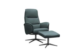 G Plan - Falum Leather Swivel Recliner Chair and Footstool with Black Base - Cambridge Petrol Blue