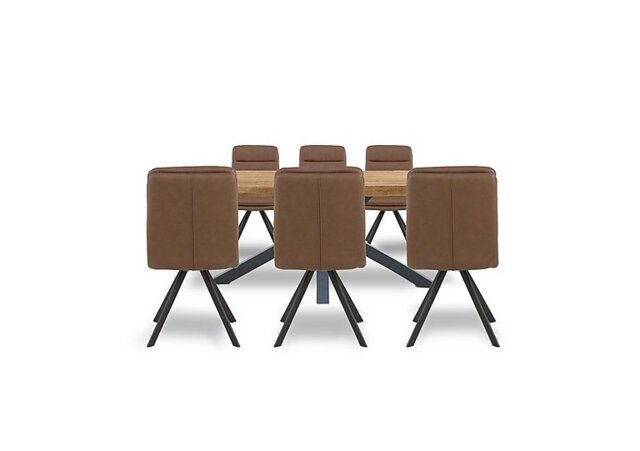 Bodahl - Njord 160cm Compact Raw Edge Dining Table with Metal Star Base and 6 Tan Faux Leather Swivel Chairs