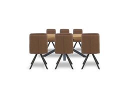 Bodahl - Njord 160cm Compact Raw Edge Dining Table with Metal Star Base and 6 Tan Faux Leather Swivel Chairs