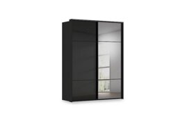 Rauch - Haven 170cm 2 Door Slider Wardrobe with 1 Glass Door, 1 Mirror Door and Lights - Black Glass