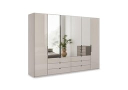 Wiemann - Amara 300cm 6 Door Combi Wardrobe with 4 Mirror Doors, 2 Glass Doors and 6 Glass Drawers - Pebble Grey