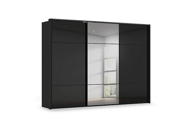 Rauch - Haven 310cm 3 Door Slider Wardrobe with 2 Glass Doors, 1 Mirror Door and Lights - Black Glass