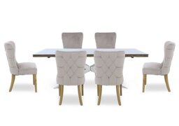 Kiara Large Rectangular Dining Table with Chrome Legs and 6 Luxe Fabric Chairs