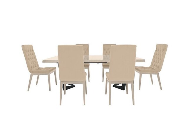 Palazzo 200cm Extending Dining Table in Sand Birch with 6 Capitonne Buttoned Chairs - Aquos Cream