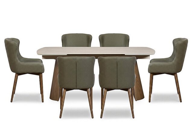 Sansa Rectangular Draw Leaf Extending Dining Table and 6 Faux Leather Chairs with Wooden Legs - Green - Dining Room Furniture