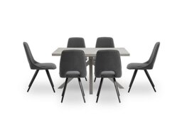 Matera Compact Dining Table with Star Base and 6 Fabric Chairs with Black Legs