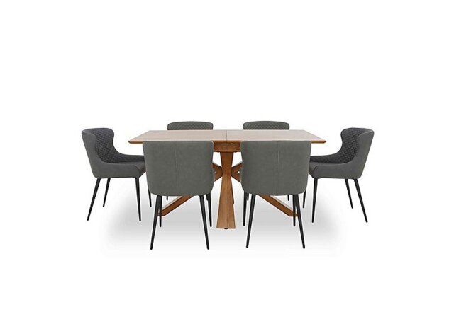 Hanoi Extending Table with Wooden Base and 6 Faux Leather Dining Chairs - Slate Grey