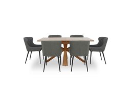 Hanoi Extending Table with Wooden Base and 6 Faux Leather Dining Chairs - Slate Grey