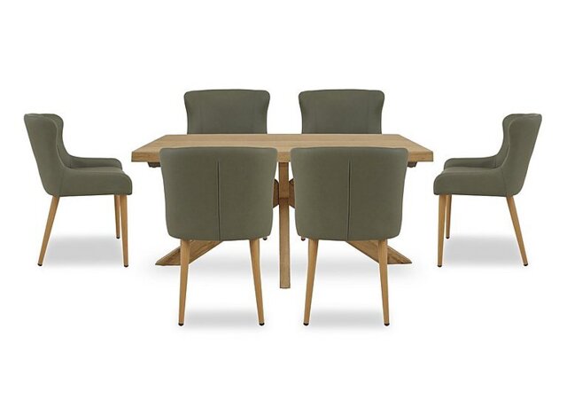 Riga Dining Table with Wooden Star Base and 6 Upholstered Chairs - 140-cm - Green
